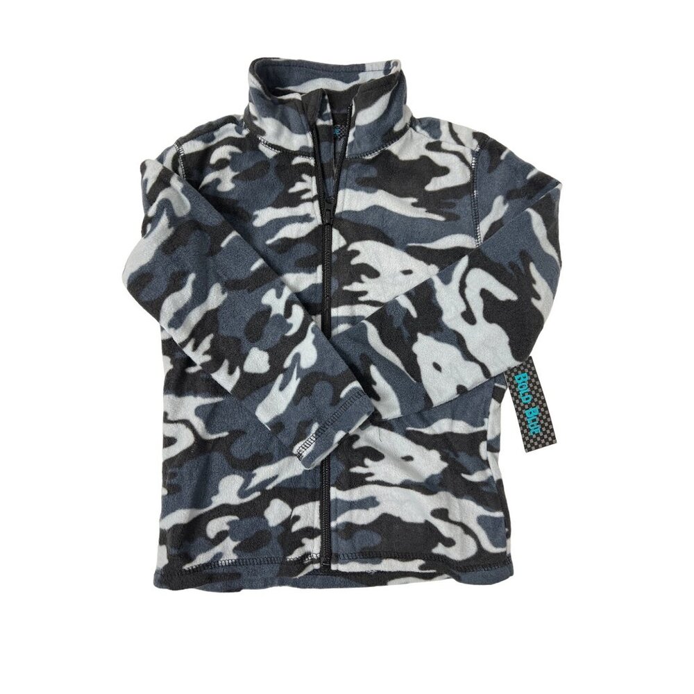 Kids Bold Blue Plush Zip-Up Camo Jacket Size 4 With Navy Blue & Gray Pattern